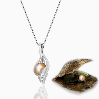 Muschel Halskette + Auster mit Perle - Natürlich - Silber - 1 Stk.