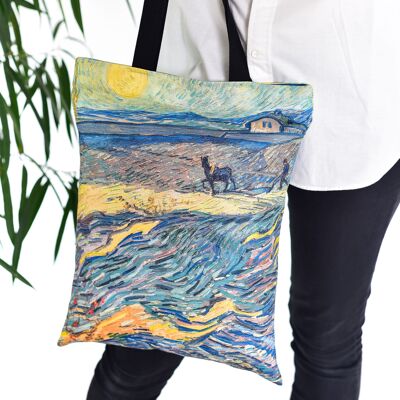 BOLSO TOTE VINCENT VAN GOGH "CAMPO CON AGRICULTORES ARADOS"40x40 cm (más 10 cm de botón)