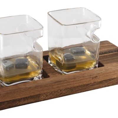 DUO WHISKEY TWO GLASSES WOODEN SUPPORT 4 CERAMIC STONE ICE CREAM
