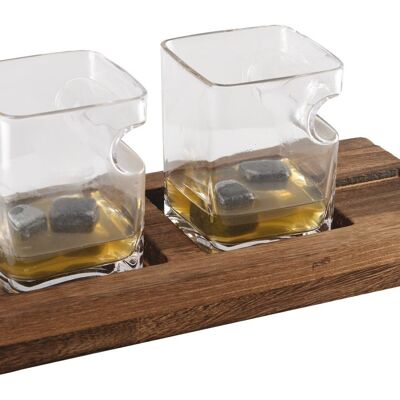 Duo whisky deux verres support bois 4 glaçons pierre céramique