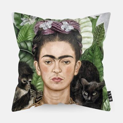 HIP ORGNL® Frida Selbstporträt mit Dornenhalsband und Kolibri-Kissen – 45 x 45 cm