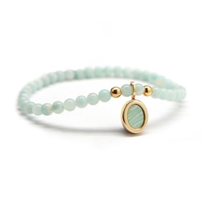 Women's bracelet with amazonite beads and oval gold-plated medallion - HEART engraving