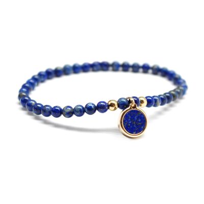 Bracelet perles lapis lazuli et médaille ronde plaqué or femme - gravure COEUR