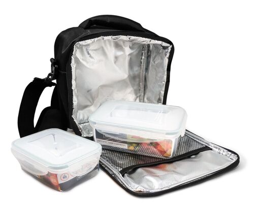 Lunch Bag Plástico Fiambrera bolsa termica porta alimentos, negra + 2 tupper, Tela Resistente, Con 2 Herméticos, Con 2 Tuppers