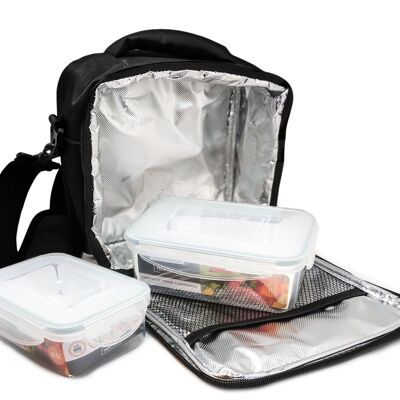 Lunch Bag Plástico Fiambrera bolsa termica porta alimentos, negra + 2 tupper, Tela Resistente, Con 2 Herméticos, Con 2 Tuppers