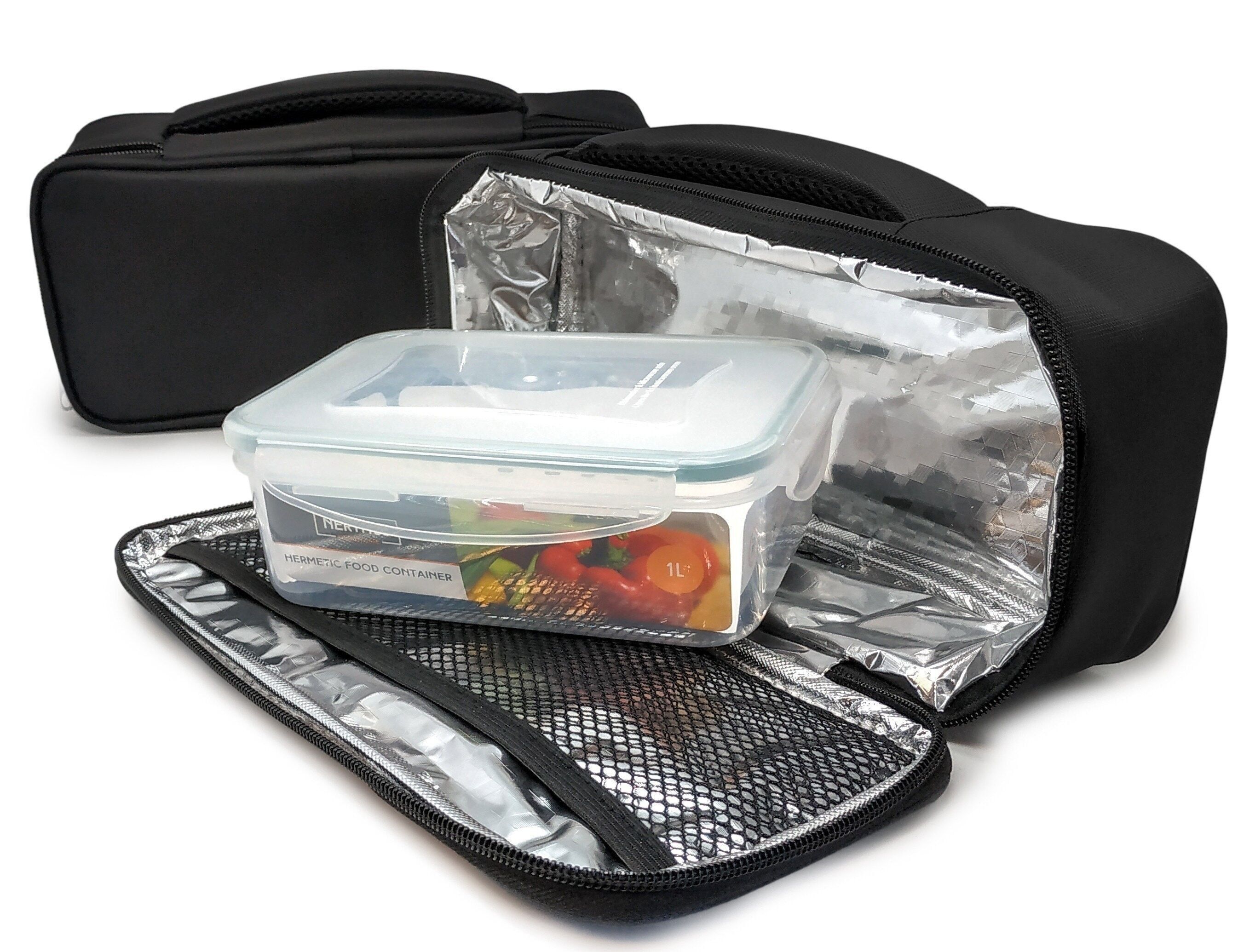 Borsa Pranzo Nera Rettangolare Individuale Plastica 1 rec, Tessuto Resistente, 1 Ermetico