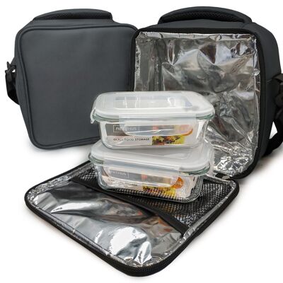 Lunch Bag Gris FIAmbrera bolsa termica porta alimentos 2 recipiente Herméticos, Tela Resistente, 2 recipientes Cristal