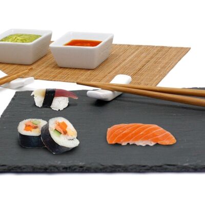 Set de Sushi completo, Tabla de Pizarra, 2 juegos de Palillos, 2 apoya Palillos, Esterilla y 2 Vasos de Cerámica