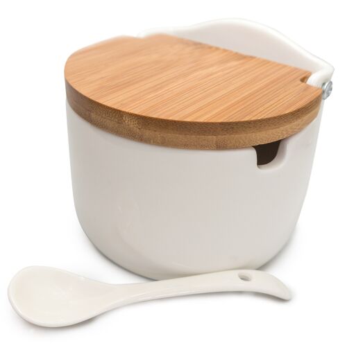 Salero De Porcelana con Tapa De Madera Y Cuchara, Blanco