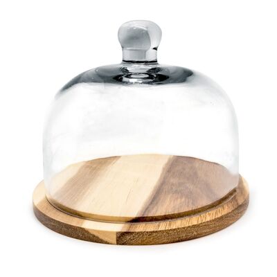 Cheese bowl with glass lid and wooden base