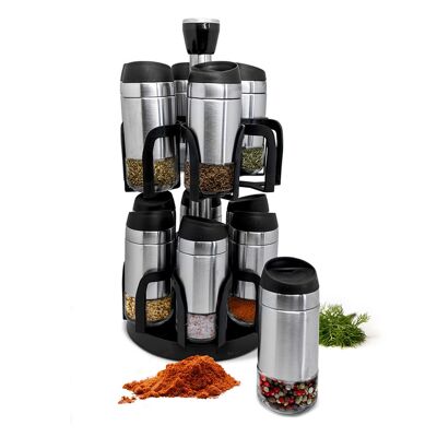 Rotating carousel spice rack with 12 stainless steel jars
