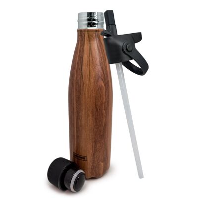Double-walled stainless steel bottle. with straw stopper + steel stopper: Wood
