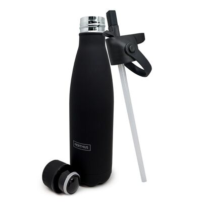 Double-walled stainless steel bottle. with straw cap + steel cap: Black