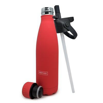 Double-walled stainless steel bottle. with straw cap + steel cap: Coral