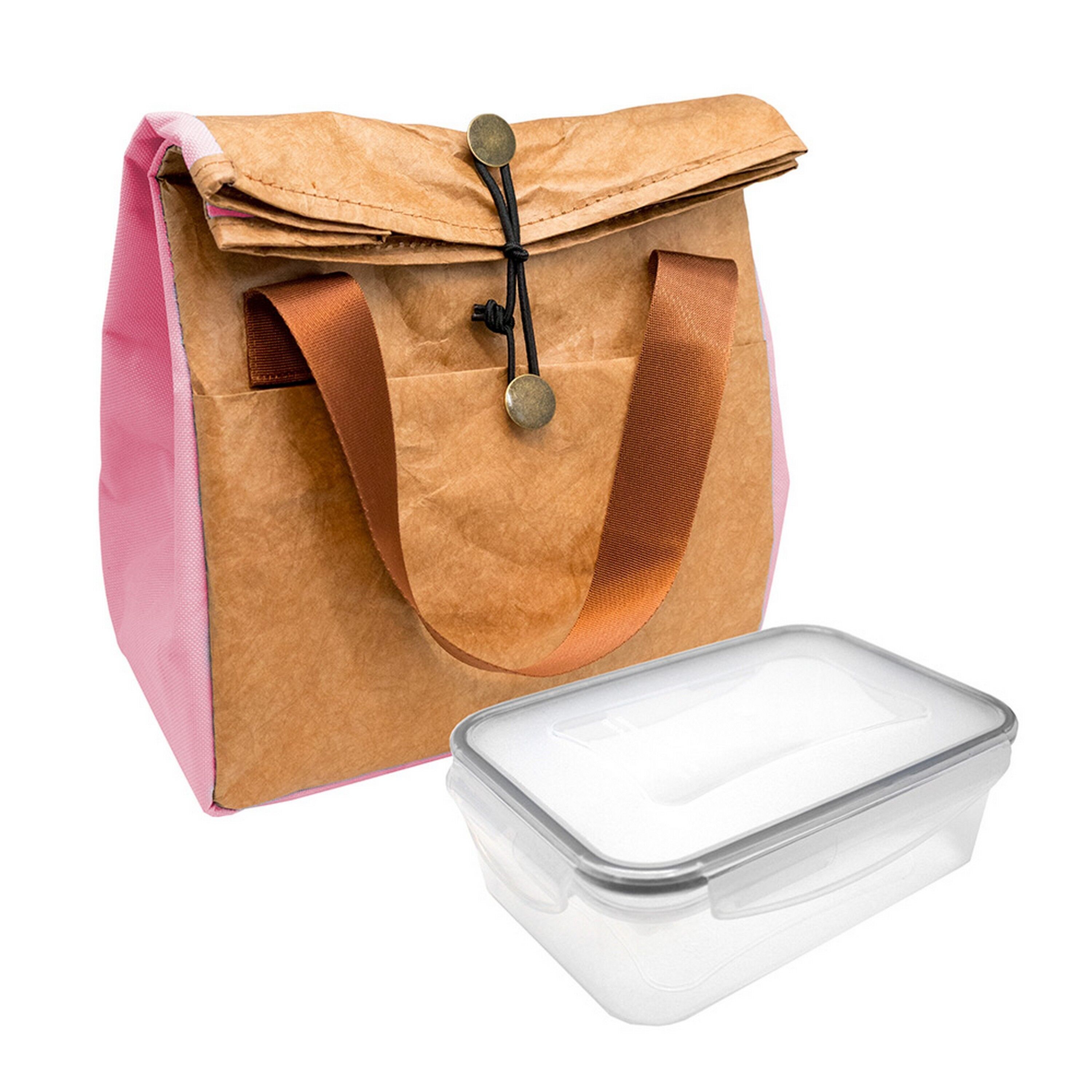 Borsa termica per alimenti con design Kraft Tyvek e dettagli rosa + 1 ermetico da 1 litro