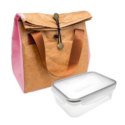 Insulated Food Carrier Bag Design with Kraft Tyvek and Pink Detail + 1 Airtight 1 Liter