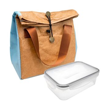 Conception de sac de transport alimentaire isotherme avec détail de couleur Kraft Tyvek et bleu + 1 hermétique 1 litre