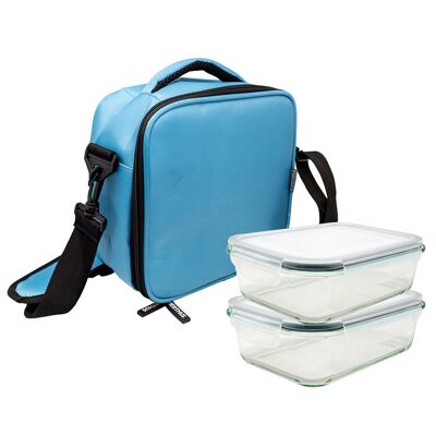 Light Blue Lunch Bag + 2 Airtight Glass 640 ml