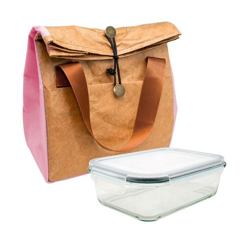 Bolsa termica Porta Alimentos Diseño con Tyvek de estraza y Detalle Color Rosa + 1 Hermético 1 Litro de Cristal