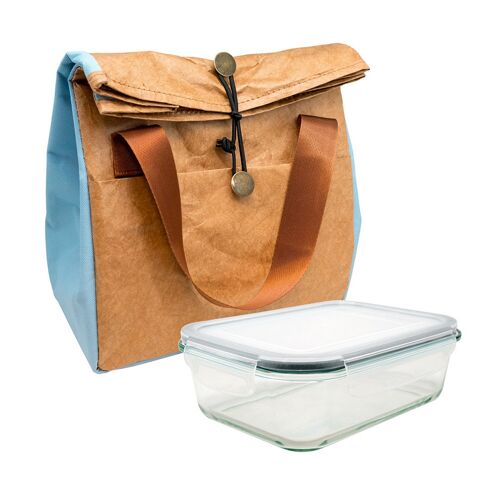 Bolsa termica Porta Alimentos Diseño con Tyvek de estraza y Detalle Color Azul + 1 Hermético 1 Litro de Cristal