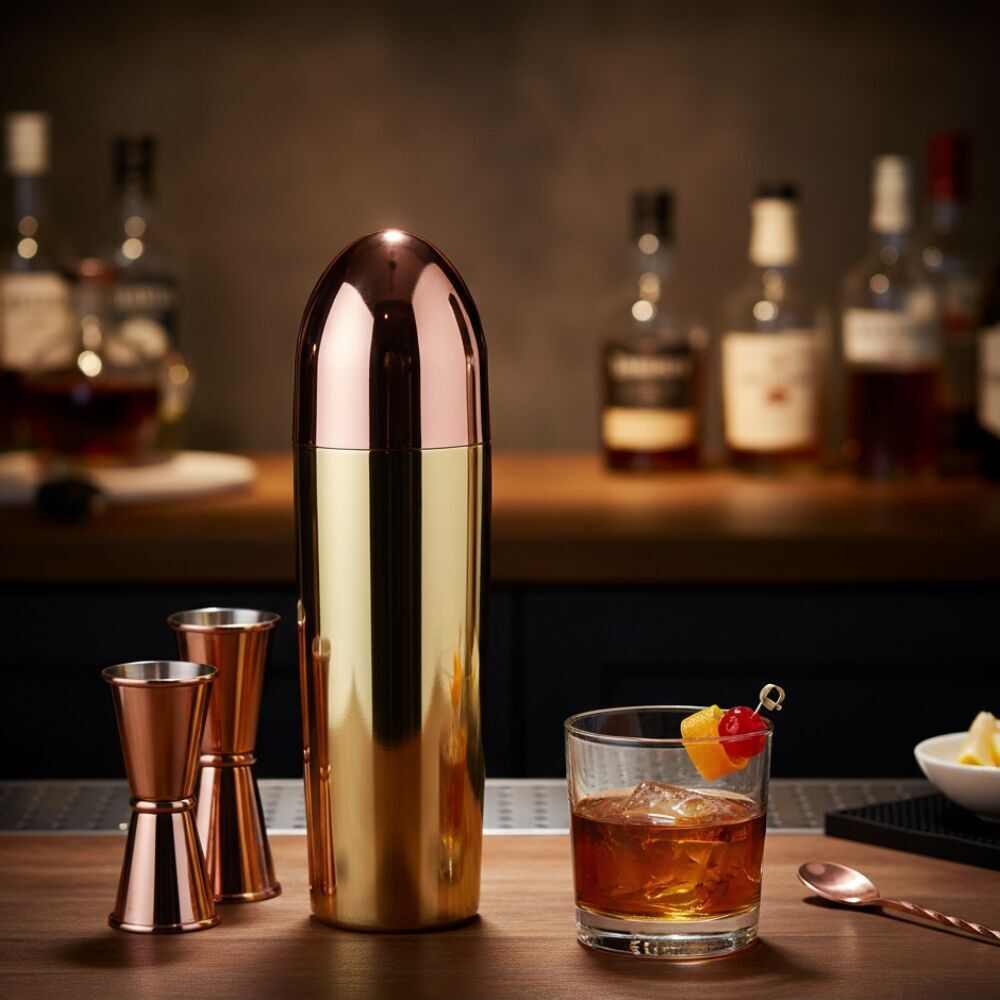 Mixology Bullet Cocktail Shaker – 700ml Brass & Copper Plated Cocktail Maker with Built-In Strainer, Novelty Barware Gift for Cocktail Enthusiasts
