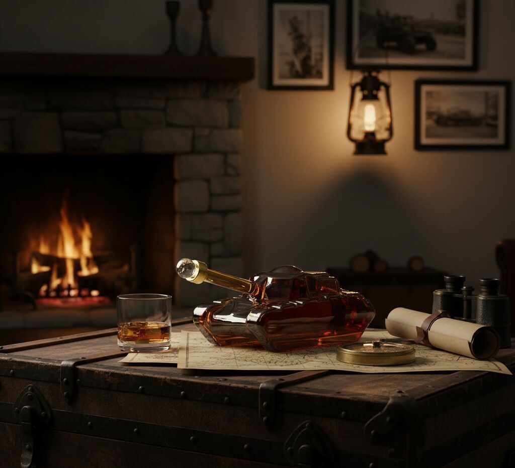 Bar Originale Tank Dekanter – 1L Whisky- und Spirituosenkaraffe im Militärstil mit Glasverschluss und Trichter, originelles Geschenk für Streitkräfte und Militärbegeisterte