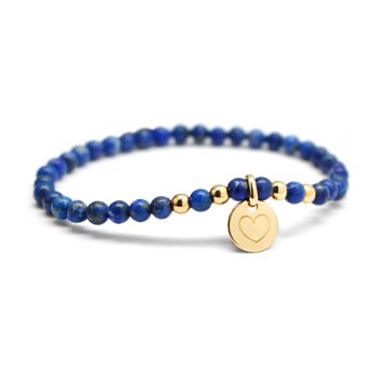 Bracelet perles lapis lazuli et mini charm plaqué or femme - gravure COEUR 1