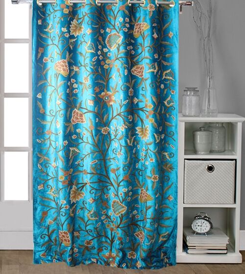 Turquoise Blue Velvet Fully Lined Crewel Curtain - W 125 x Drop 137 cm + £20.00 Triple Pinch Pleat + £40.00 / JL2012-1