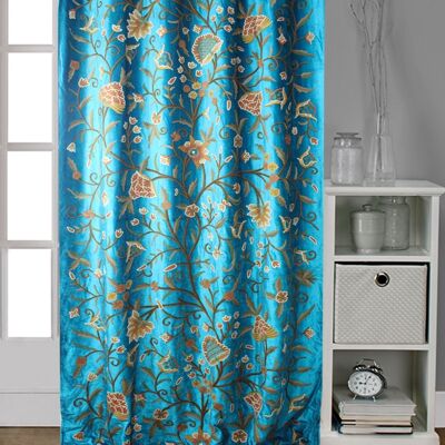 Turquoise Blue Velvet Fully Lined Crewel Curtain - W 125 x Drop 182 cm + £46.92 Triple Pinch Pleat + £40.00 / JL2012-7
