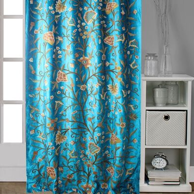 Turquoise Blue Velvet Fully Lined Crewel Curtain - W 125 x Drop 182 cm + £46.92 Pencil Pleat + £15.00 / JL2012-8