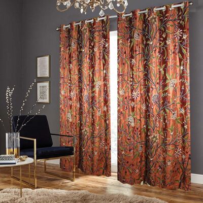 Beautiful Handmade Amber Rust Velvet Crewel Hand-Embroidery Curtain - W 125 x Drop 137 cm + £20.00 Triple Pinch Pleat + £40.00 / CC786ABC15-1