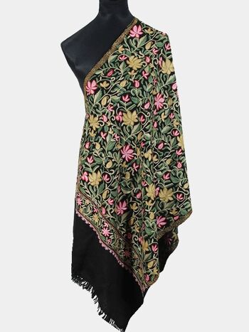 Belle écharpe de broderie pashmina cachemire fleur fleur noire / CAEMB1217 3