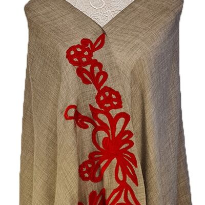 Bufanda de encaje francés con bordado de pashmina de Cachemira con adorno de terciopelo rojo / CALAC0008