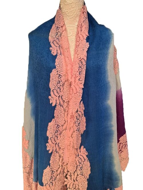 Delicate Fabled Oyster tye and dye multicolored Handmade cashmere pashmina french lace scarf / CALAC0007