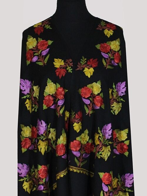 Finest cashmere midnight black chain-stitch floral embroidered shawl / CAEMB0059