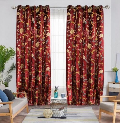 Beautiful Crimson Red Velvet Crewel Embroidery FULLY-LINED Curtain - W 125 x Drop 137 cm + £20.00 Pencil Pleat + £20.00 / CC786ABC12-1-2