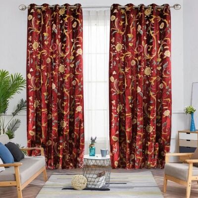 Beautiful Crimson Red Velvet Crewel Embroidery FULLY-LINED Curtain - W 125 x Drop 137 cm + £20.00 Pencil Pleat + £20.00 / CC786ABC12-1-2