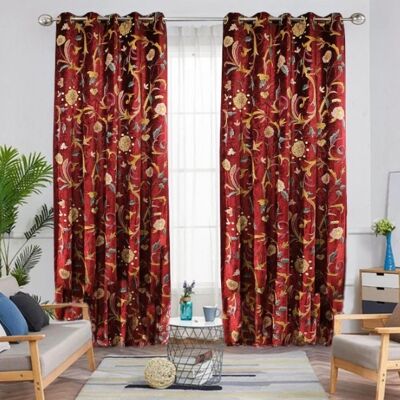Hermosa cortina con bordado Crewel de terciopelo rojo carmesí TOTALMENTE FORRADO - 150 x 137 cm de ancho + 29,32 € + plisado triple + 40,00 € / CC786ABC12-1-4