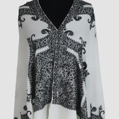 Elegant lavish black and white ultra-fine beads cashmere embroidery scarf / CAEMB0070