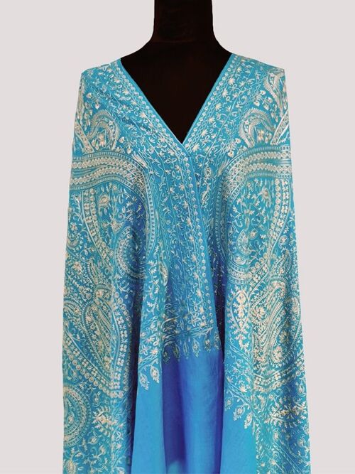 Finest cashmere Turquoise blue luxury handmade chain stitch embroidered bridesmaid scarf / CAEMB00021