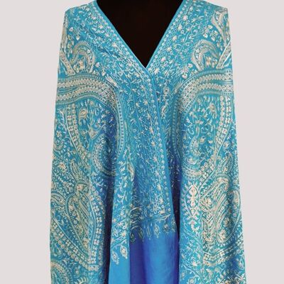 Bufanda de dama de honor bordada con puntada de cadena hecha a mano de lujo azul turquesa de Cachemira más fina / CAEMB00021