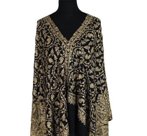 Luxurious Black Gold swarovski beads chain stitch embroidery cashmere scarf / CAENB0072