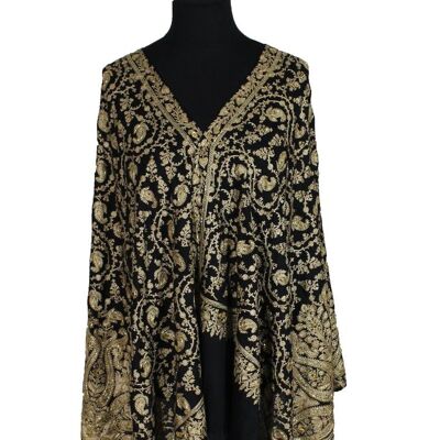 Luxurious Black Gold swarovski beads chain stitch embroidery cashmere scarf / CAENB0072