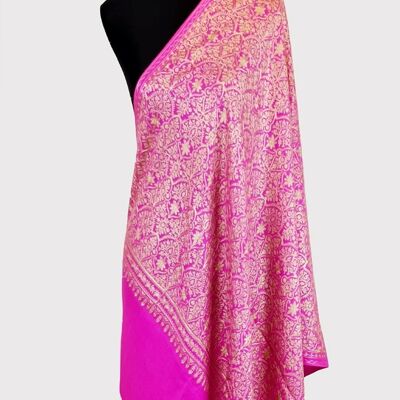 Eleganter, verschwenderischer rosa handgefertigter Pashmina-Schal aus Kaschmir mit Kettenstichstickerei / CAEMB00022