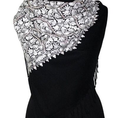 incroyable Belle obsidienne noir et blanc foulard Pashmina brodé au point de chaînette / CAEMB0007