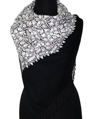 incroyable Belle obsidienne noir et blanc foulard Pashmina brodé au point de chaînette / CAEMB0007 1