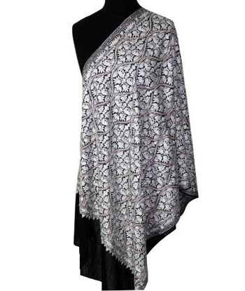 incroyable Belle obsidienne noir et blanc foulard Pashmina brodé au point de chaînette / CAEMB0007 2