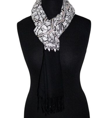 incroyable Belle obsidienne noir et blanc foulard Pashmina brodé au point de chaînette / CAEMB0007 6