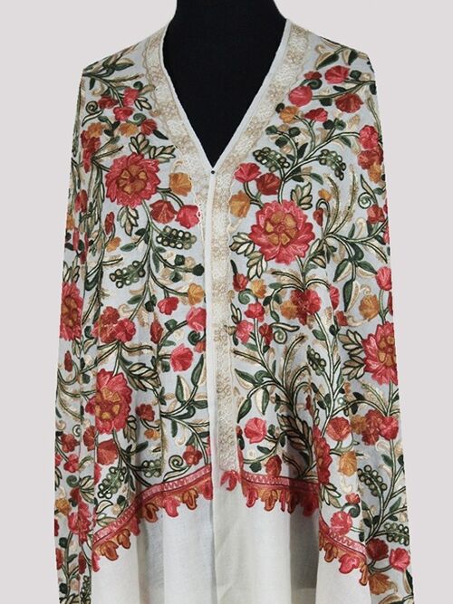 Fleur de fleur délicate off-white handmade cashmere chain-stich Aari embroidery bridesmaid scarf / CAEMB0030