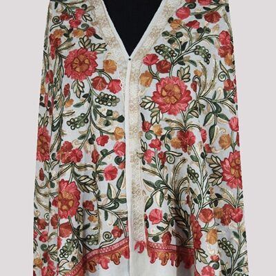Fleur de fleur délicate off-white handmade cashmere chain-stich Aari embroidery bridesmaid scarf / CAEMB0030